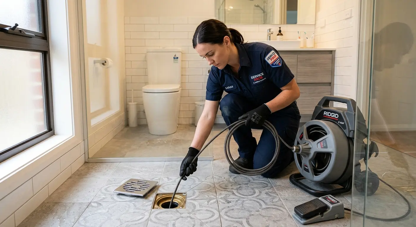 Technician clearing a bathroom floor drain for Drain Cleaning in Fife